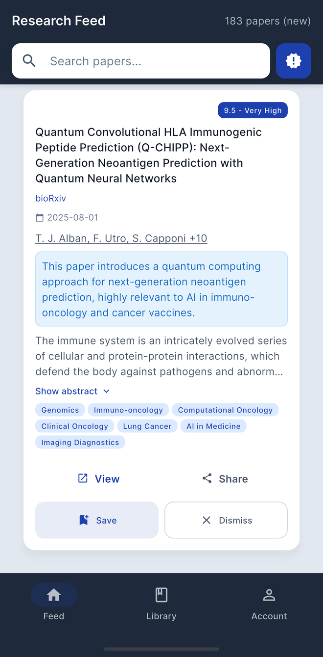 The Paper Scout feed: a paper scored 9.5 with a highlighted note explaining why it is relevant, and Save, Dismiss, View and Share actions.