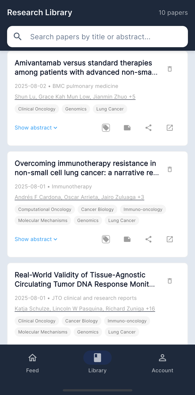 The Paper Scout library: saved papers with topic tags, searchable by title or abstract.